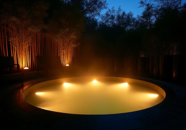 The main outdoor bath (Rotenburo) illuminated at night, surrounded by bamboo.